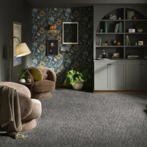 Dark gray Shaw Floors carpet in sitting room | Hernandez Wholesale Flooring