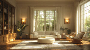 Modern living room with water resistant laminate flooring and natural lighting
