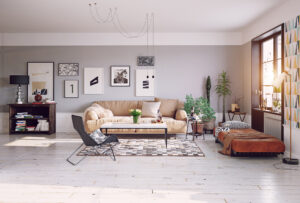 Bright modern living room with layered area rug, comfortable seating, and natural textures in a contemporary California home