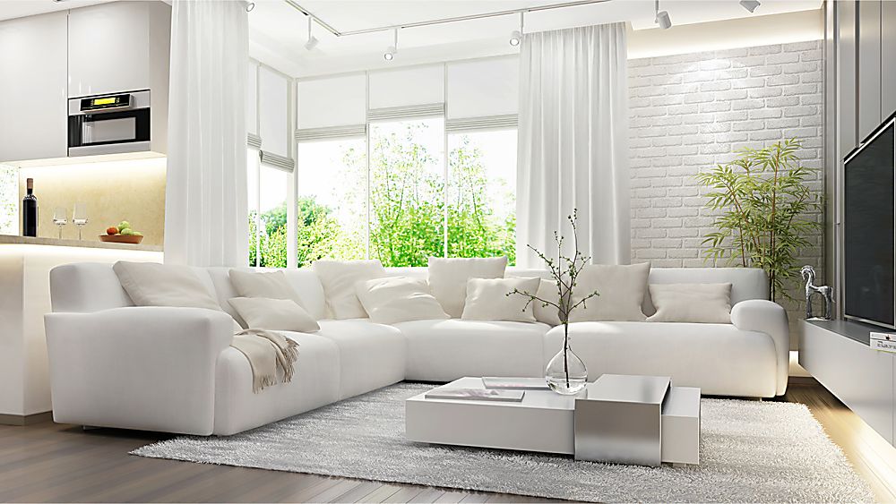 Modern open concept living room with a large neutral area rug