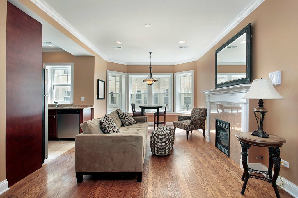 Modern living room featuring wood look laminate flooring