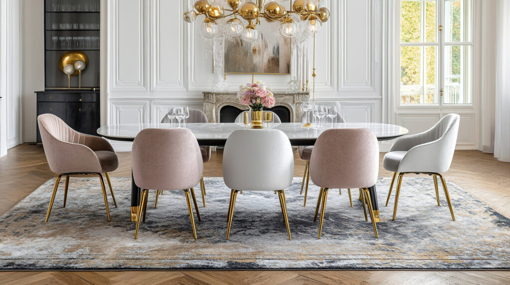 Area rug beneath a dining table and chairs