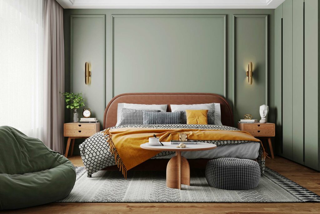 Cozy bedroom with an area rug underneath the bed