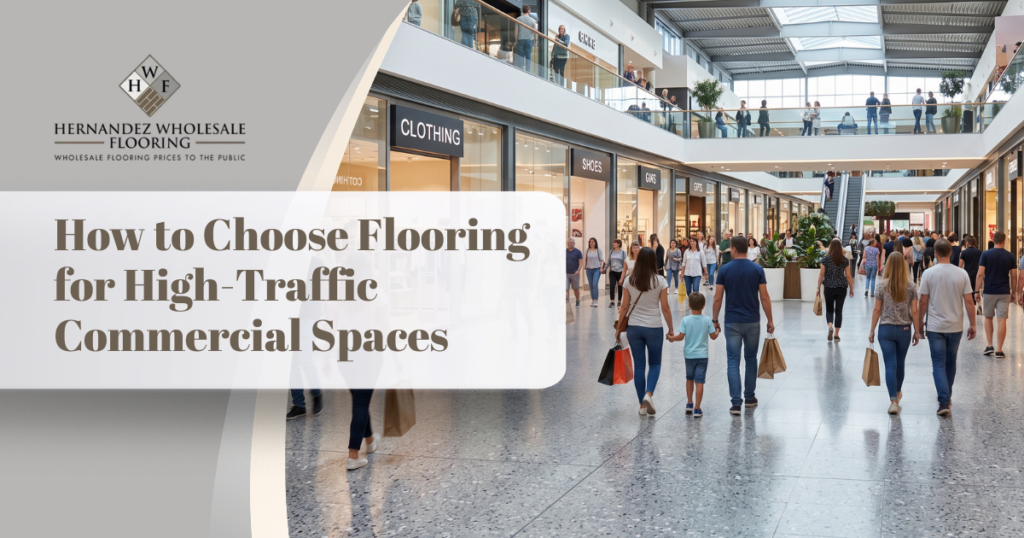 Busy shopping mall with multiple stores and shoppers, illustrating flooring for high-traffic commercial spaces | Hernandez Wholesale Flooring